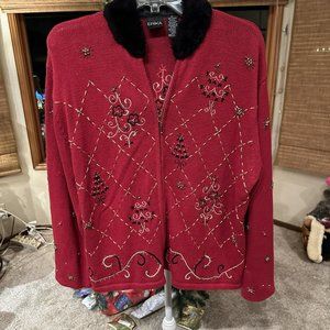 Red Holiday Sweater or Jacket by ERIKA with beading and faux fur collar